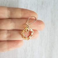Lotus Earrings - gold ornate flower outline charms dangle on simple latching kidney ear hook - goddess rebirth triumph purity symbolic gift - Constant Baubling