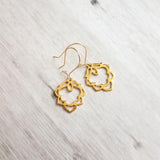 Lotus Earrings - gold ornate flower outline charms dangle on simple latching kidney ear hook - goddess rebirth triumph purity symbolic gift - Constant Baubling