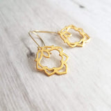 Lotus Earrings - gold ornate flower outline charms dangle on simple latching kidney ear hook - goddess rebirth triumph purity symbolic gift - Constant Baubling