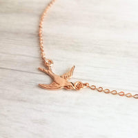 Rose Gold Bird Necklace, small bird necklace, chain with bird, sparrow pendant, flying bird necklace, rose gold chain, open wing bird, free - Constant Baubling