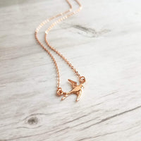 Rose Gold Bird Necklace, small bird necklace, chain with bird, sparrow pendant, flying bird necklace, rose gold chain, open wing bird, free - Constant Baubling