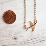 Rose Gold Bird Necklace, small bird necklace, chain with bird, sparrow pendant, flying bird necklace, rose gold chain, open wing bird, free - Constant Baubling