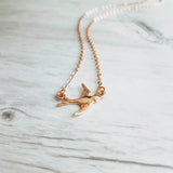 Rose Gold Bird Necklace, small bird necklace, chain with bird, sparrow pendant, flying bird necklace, rose gold chain, open wing bird, free - Constant Baubling