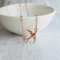 Rose Gold Bird Necklace, small bird necklace, chain with bird, sparrow pendant, flying bird necklace, rose gold chain, open wing bird, free - Constant Baubling