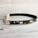 Black Wrap Bracelet, vegan leather bracelet, flat cord bracelet, black floral print, thin black bracelet, slim bracelet, silver chain flower - Constant Baubling