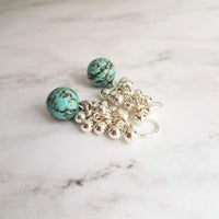 Silver Turquoise Earrings, turquoise stone earring, tiny ball cluster earring, stone dangle earring, Southwestern earring, gemstone earring - Constant Baubling