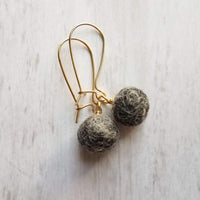 Grey Wool Ball Earrings, needle felt earrings, wooly earring, grey wool earring, tweed earring, latching hook, winter earrings, felted wool - Constant Baubling