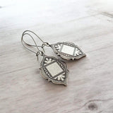 Moroccan Trellis Earrings - antique silver finish thick fanciful medallions on long stainless steel hypoallergenic latching kidney hooks - Constant Baubling