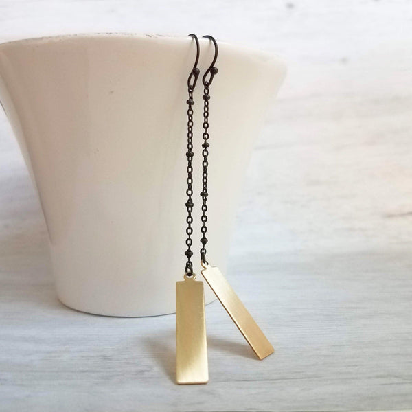 Long Drop Earrings - simple black chain gold drop rectangle - minimalist chic trendy hipster - custom length boho handmade hand crafted - Constant Baubling