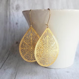 Gold Filigree Teardrop Earring, large statement earring, large drop earring, gold teardrop earring cut out earring large lightweight earring - Constant Baubling