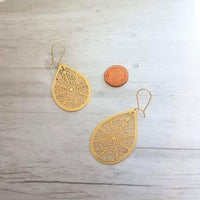 Gold Filigree Teardrop Earring, large statement earring, large drop earring, gold teardrop earring cut out earring large lightweight earring - Constant Baubling