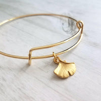 Gold Bangle Bracelet, ginkgo bracelet, simple gold bracelet, small ginkgo leaf, stacking bracelet, gold wire bracelet, hope peace symbol - Constant Baubling