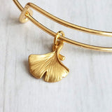 Gold Bangle Bracelet, ginkgo bracelet, simple gold bracelet, small ginkgo leaf, stacking bracelet, gold wire bracelet, hope peace symbol - Constant Baubling