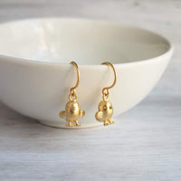 Chick Earrings, gold bird earrings, chubby bird earrings, small gold birds, bird dangle earring, chickadee earring, little baby bird earring - Constant Baubling