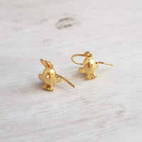Chick Earrings, gold bird earrings, chubby bird earrings, small gold birds, bird dangle earring, chickadee earring, little baby bird earring - Constant Baubling
