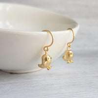 Chick Earrings, gold bird earrings, chubby bird earrings, small gold birds, bird dangle earring, chickadee earring, little baby bird earring - Constant Baubling
