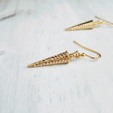 Long Gold Spike Earrings, long gold earring, gold spear earring, narrow spear, gold dagger earring, gold cone earring, dimpled simple gold - Constant Baubling