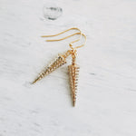 Long Gold Spike Earrings, long gold earring, gold spear earring, narrow spear, gold dagger earring, gold cone earring, dimpled simple gold - Constant Baubling