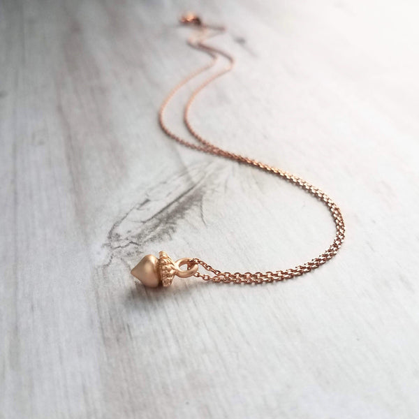 Acorn Necklace, rose gold acorn, acorn charm, tiny rose gold acorn, small acorn pendant, matte rose gold, autumn necklace fall pendant chain - Constant Baubling