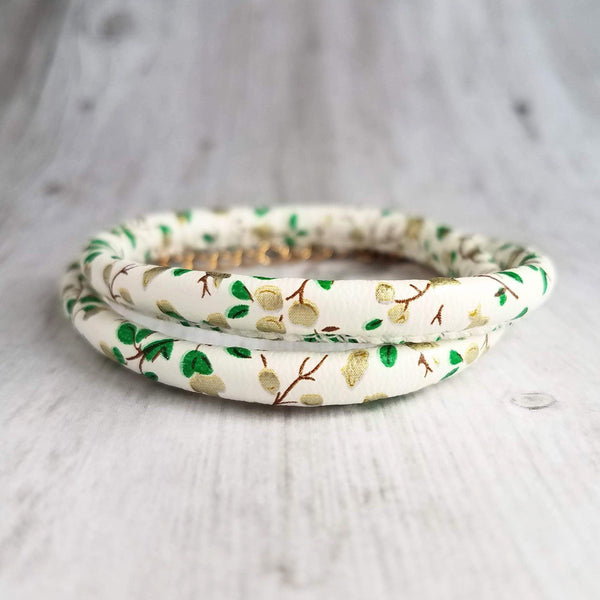 White Faux Leather Bracelet, vegan bracelet, imitation leather bracelet, white cord bracelet, double wrap bracelet, leaf wrap, gold clasp - Constant Baubling