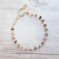 Tourmaline Stone Bracelet, tiny gemstone bracelet, delicate thin bracelet, dainty bracelet, silver tourmaline chain, little pink green gold - Constant Baubling