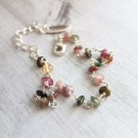 Tourmaline Stone Bracelet, tiny gemstone bracelet, delicate thin bracelet, dainty bracelet, silver tourmaline chain, little pink green gold - Constant Baubling