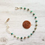 Chrysocolla Teal Stone Bracelet- tiny semi precious gemstones w/ adjustable silver chain, blue green aqua brown little beads - Constant Baubling