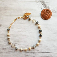 Small Stone Bracelet, dendrite opal bracelet, rosary bracelet, beaded bracelet, adjustable gold chain, tiny black white gemstone bracelet - Constant Baubling