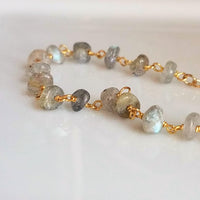 Labradorite Bracelet, tiny grey stone, semi precious gemstone, adjustable gold chain, vitreous iridescent blue green flash, spiritual symbol - Constant Baubling