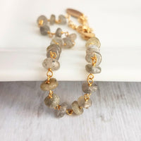 Labradorite Bracelet, tiny grey stone, semi precious gemstone, adjustable gold chain, vitreous iridescent blue green flash, spiritual symbol - Constant Baubling