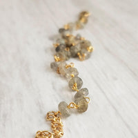 Labradorite Bracelet, tiny grey stone, semi precious gemstone, adjustable gold chain, vitreous iridescent blue green flash, spiritual symbol - Constant Baubling