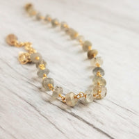 Labradorite Bracelet, tiny grey stone, semi precious gemstone, adjustable gold chain, vitreous iridescent blue green flash, spiritual symbol - Constant Baubling