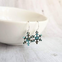 Small Snowflake Earrings, rustic snowflake earring, verdigris patina earring, simple snowflake earring, winter earring, snow jewelry, xmas - Constant Baubling