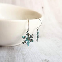 Small Snowflake Earrings, rustic snowflake earring, verdigris patina earring, simple snowflake earring, winter earring, snow jewelry, xmas - Constant Baubling