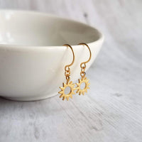 Small Sun Earrings, little gold sun earrings, tiny gold sun earrings, gold gear earrings, sunshine earring, happy cheerful jewelry gift - Constant Baubling