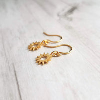 Small Sun Earrings, little gold sun earrings, tiny gold sun earrings, gold gear earrings, sunshine earring, happy cheerful jewelry gift - Constant Baubling