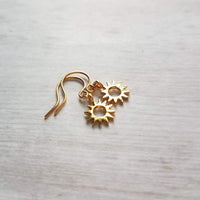 Small Sun Earrings, little gold sun earrings, tiny gold sun earrings, gold gear earrings, sunshine earring, happy cheerful jewelry gift - Constant Baubling