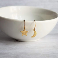 Moon & Star Earrings, gold crescent earring, gold moon earring, gold star earring, night sky earring, small gold earring, celestial earring - Constant Baubling