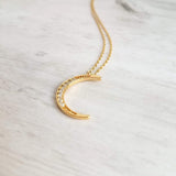 CZ Moon Necklace - thin celestial crescent moon pendant on fine delicate 14K gold plate chain, tiny cubic zirconia stone charms - Constant Baubling