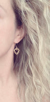 Lotus Earrings - gold ornate flower outline charms dangle on simple latching kidney ear hook - goddess rebirth triumph purity symbolic gift - Constant Baubling