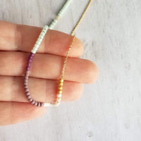 Color Block Necklace - beaded chain, 14K gold plated chain, mint green purple white, color section necklace, glass bead necklace, seed beads - Constant Baubling