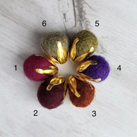 Pom Ball Earrings - fuchsia needle felt wool orb nestled in gold leaf cone top - 14K gold fill or plated hooks - other fall colors available - Constant Baubling
