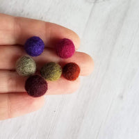 Pom Ball Earrings - fuchsia needle felt wool orb nestled in gold leaf cone top - 14K gold fill or plated hooks - other fall colors available - Constant Baubling