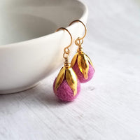 Embroidered Flower Earrings, yellow green earring, felt earring, wool earring, wool ball earring, yellow flower earring green flower earring - Constant Baubling