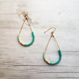 Beaded Gold Teardrop Earrings, large gold tear drop earring, beaded teardrop seed bead earring delicate blue green mint matte gold turquoise - Constant Baubling