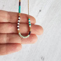 Seed Bead Necklace, color block necklace, beaded chain, thin gold chain, aqua mint purple turquoise, colorful delicate necklace, tiny bead - Constant Baubling