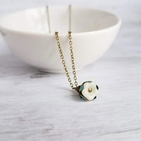 Little Flower Necklace - delicate boho blossom pendant in vanilla cream - mint aqua patina leaves - thin fine antique brass/bronze chain - Constant Baubling