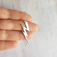 Lightning Bolt Earring - silver or gold SHAZAM charm, high voltage storm weather dangle on simple ear hooks, long jagged zig zag shape - Constant Baubling