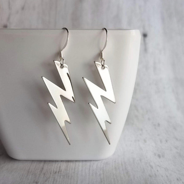 Lightning Bolt Earring - silver or gold SHAZAM charm, high voltage storm weather dangle on simple ear hooks, long jagged zig zag shape - Constant Baubling