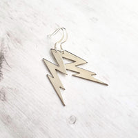 Lightning Bolt Earring - silver or gold SHAZAM charm, high voltage storm weather dangle on simple ear hooks, long jagged zig zag shape - Constant Baubling